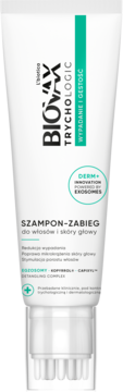 Biovax Trychologic szampon-zabieg, biała tuba z zielonym paskiem i masażerem na głowicy, do wypadających włosów.