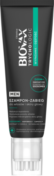 Szampon Biovax Trychologic Men na wypadanie włosów, ciemna tuba z zielonym paskiem i aplikatorem-szczotką.