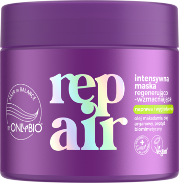 Fioletowa maska OnlyBio Repair regenerująca i wzmacniająca włosy, z olejem makadamia i arganowym, widok z przodu.