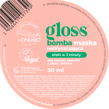 Różowa, okrągła etykieta OnlyBio Gloss Maska nabłyszczająca 30ml, widok z góry. Zielone logo, olej tsubaki.