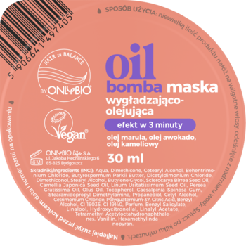Różowa, okrągła nakrętka maski OnlyBio Oil Bomba 30ml, wygładzająco-olejującej, z olejkiem marula i awokado.