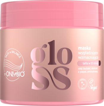 OnlyBio Gloss, różowo-złota maska do włosów wygładzająco-wzmacniająca w słoiku z jasnoróżową nakrętką, z przodu.