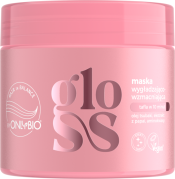Różowa maska wygładzająca OnlyBio Gloss do włosów, widok z przodu. Obiecuje efekt tafli w 10 minut.
