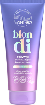 Fioletowa odżywka OnlyBio Blondi do włosów, ochładzająca kolor, z olejami z orzechów brazylijskich i awokado, widok z przodu.