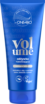 Niebieska tubka OnlyBio Volume, wegańska nawilżająca odżywka do włosów nadająca lekkość, widok z przodu.