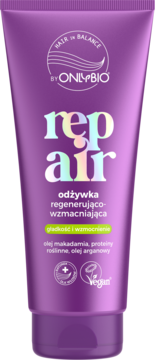 Fioletowa odżywka OnlyBio Hair in Balance Repair do włosów, z olejem makadamia i arganowym, widok z przodu.