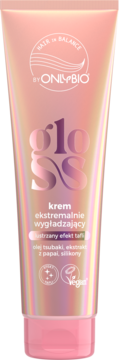 Onlybio Gloss krem do włosów wygładzający, perłowa tubka z różowym gradientem, lustrzany efekt tafli, widok z przodu.