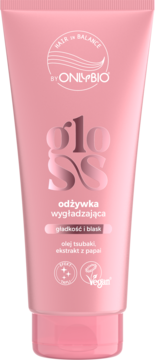 Różowa odżywka OnlyBio Gloss w tubce, wygładzająca z olejem tsubaki i papają, widok z przodu.