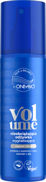 OnlyBio Volume, niebieski spray do włosów, lekka wygładzająca odżywka z proteinami pszenicy i algami, widok z przodu.