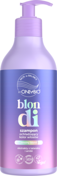 Fioletowy szampon OnlyBio Blondi w butelce z pompką, do ochładzania koloru włosów, z holograficznym napisem.