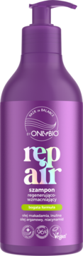 Fioletowy szampon OnlyBio Repair regenerująco-wzmacniający, 96% naturalny, z pompką. Widok z przodu.