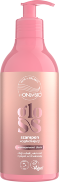OnlyBio Gloss szampon wygładzający w różowo-złotej butelce z pompką, widok z przodu. Wzmocnienie i blask.