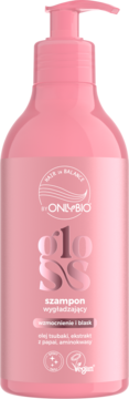 Różowy szampon OnlyBio Hair In Balance Gloss, widok z przodu, z pompką, dla wygładzenia i blasku włosów.