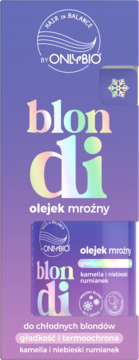 Fioletowe opakowanie OnlyBio BlonDi Olejek Mroźny do chłodnych blondów, z irydującym napisem, widok z przodu.