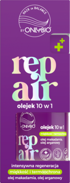 Fioletowe pudełko Onlybio Repair olejek 10w1 z olejem makadamia, arganowym, miękkość i termoochrona.