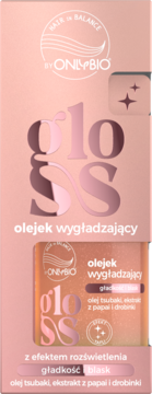 Różowe opakowanie OnlyBio Gloss, olejek wygładzający do włosów z olejem tsubaki, ekstraktem z papai i blaskiem.