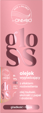 Różowy olejek wygładzający OnlyBio Hair in Balance Gloss, widok z przodu. Zawiera olej tsubaki i ekstrakt z papai dla blasku.