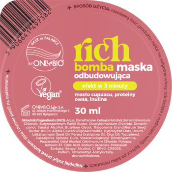 OnlyBio Rich Maska Odbudowująca 30ml, wegańska, z masłem cupuacu. Różowa pokrywka słoika, widok z góry.