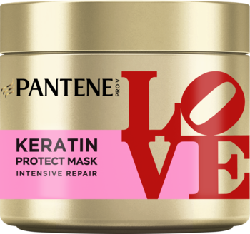 Złoty słoik Pantene Keratin Protect Mask Intensive Repair, z różowym paskiem i czerwonym napisem LOVE, widok z przodu.