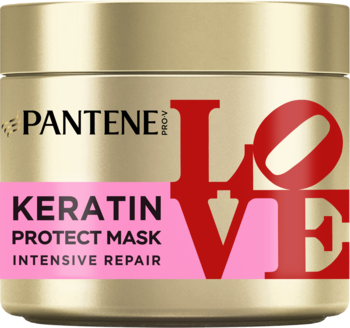 Złoty słoik Pantene Pro-V Keratin Protect Mask, widok z przodu, różowa etykieta z napisem LOVE.
