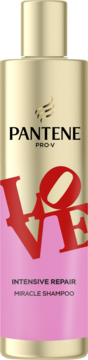 Złoty szampon Pantene Pro-V Intensive Repair Miracle z różową etykietą i dużym, czerwonym napisem LOVE, widok z przodu.