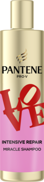 Złoty szampon Pantene Pro-V Love Intensive Repair Miracle Shampoo, z czerwonym napisem LOVE, widok z przodu.