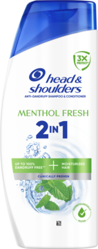 Biała butelka szamponu Head & Shoulders 2w1 Menthol Fresh, z niebieską nakrętką, widok z przodu.