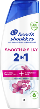 Biały szampon Head & Shoulders Anti-Dandruff Smooth & Silky 2w1, z różowymi kwiatami, widok z przodu.