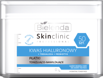 Bielenda Skinclinic Professional płatki tonizująco-nawilżające z kwasem hialuronowym, białe opakowanie, 50 sztuk, widok z przodu.