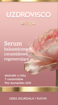 UZDROVISCO RÓŻA Serum ceramidowe regenerujące dla cery dojrzałej, różowe opakowanie z różą.
