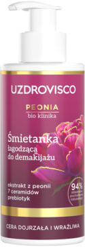 UZDROVISCO PEONIA śmietanka do demakijażu dla cery dojrzałej i wrażliwej, fuksjowa butelka z pompką.
