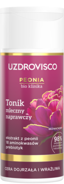 Biało-magenta butelka toniku UZDROVISCO PEONIA, z kwiatem piwonii. Tonik do cery dojrzałej i wrażliwej.