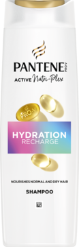 Biała butelka szamponu Pantene Hydration Recharge, z przodu złote kapsułki Pro-V i kolorowy gradientowy pasek.