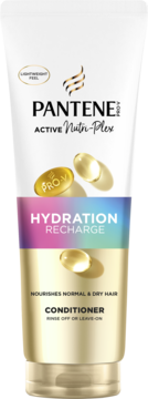 Odżywka Pantene Hydration Recharge w biało-złotej tubce PRO-V, do włosów normalnych i suchych, widok z przodu.