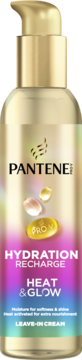 Pantene Hydration Recharge Heat & Glow Leave-in Cream, złota butelka z pompką, gradientowa etykieta różowo-niebieska, widok z przodu.