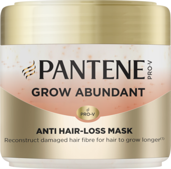 Pantene Grow Abundant Anti Hair-Loss Mask w biało-złotym słoiczku, widok z przodu, z napisem Pro-V.