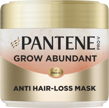 Pantene Pro-V Grow Abundant Anti Hair-Loss Mask, biało-złoty słoik z różowym pasem, front produktu.
