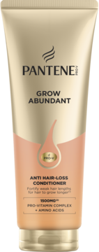 Pantene Grow Abundant Anti Hair-Loss Conditioner w złoto-brzoskwiniowej tubce, widok z przodu, z Pro-Vitamin Complex.