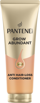 Pantene Pro-V Grow Abundant Anti Hair-Loss Conditioner w złotej tubce z brzoskwiniowym gradientem, widok z przodu.