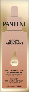 Pantene Grow Abundant Serum na wypadanie włosów, brzoskwiniowa butelka z zakraplaczem, Pro-V, widok z przodu.