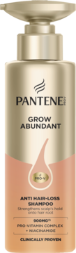 Szampon Pantene Grow Abundant Anti Hair-Loss w złotej butelce z różowym dołem, widok z przodu. Pro-V Complex + Niacinamide.