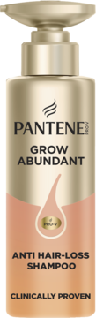 Złota butelka szamponu Pantene Pro-V Grow Abundant Anti Hair-Loss z pompką, widok z przodu.