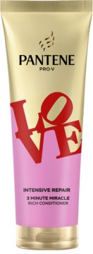 Odżywka Pantene Pro-V Intensive Repair x Robert Indiana LOVE, złoto-różowa tubka, widok z przodu.