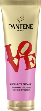 Pantene Pro-V Love 3 Minute Miracle Rich Conditioner, złoto-różowa tubka z czerwonym napisem LOVE, widok z przodu.