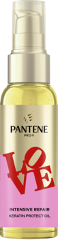 Pantene Pro-V Intensive Repair Keratin Protect Oil w przezroczystej butelce z pompką, złotej etykiecie i czerwoną grafiką LOVE.