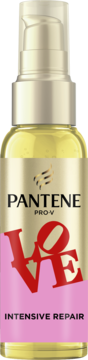 Pantene Pro-V Love Intensive Repair olejek keratynowy do włosów w złotej butelce z pompką, widok z przodu.