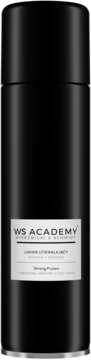Czarna, cylindryczna butelka lakieru utrwalającego WS ACADEMY Strong Fusion, widok z przodu.