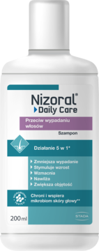 Szampon Nizoral Daily Care 200 ml w białej butelce, przeciw wypadaniu włosów, z niebiesko-fioletową etykietą, widok z przodu.