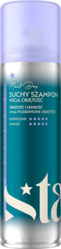 Next Day Suchy Szampon Mega Objętość w srebrnej puszce z fioletową nakrętką i turkusową etykietą.