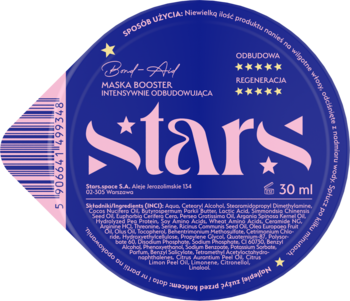Granatowa maska booster Stars 30ml, intensywnie odbudowująca, z różowym logo i pięcioma złotymi gwiazdami. Ujęcie z góry.
